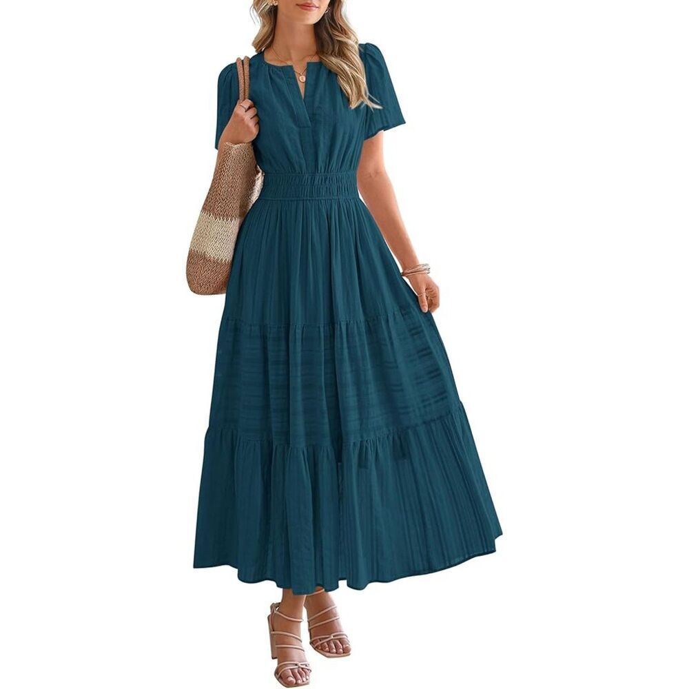 Women's Lake Blue V Neck Short Sleeve A Line Summer Casual Maxi Dress Pockets